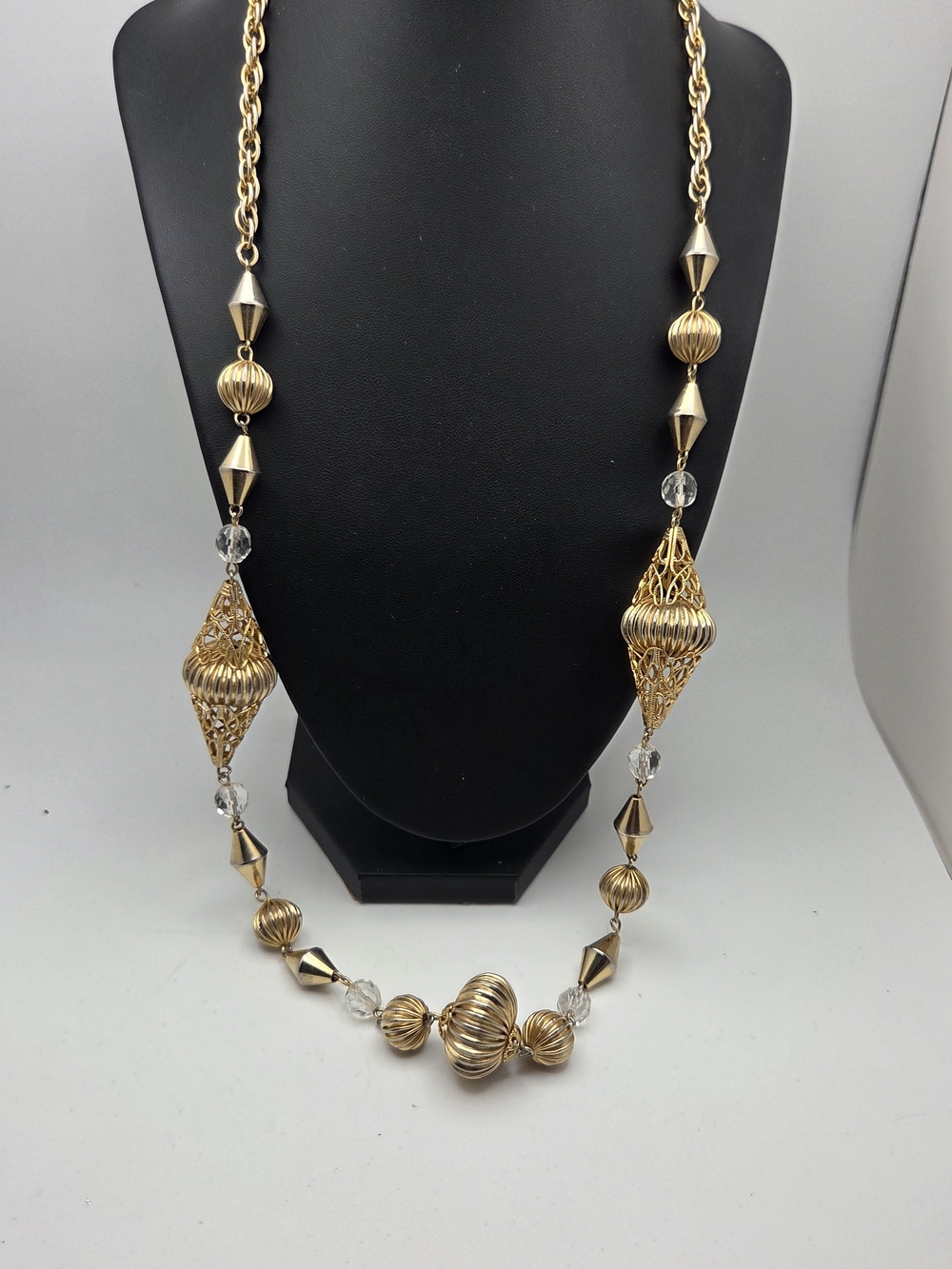 Vintage Gold Tone Filigree Lantern Bead Necklace Clear Spacer 60s